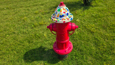 Bright red fire hydrant surrounded by green grass under a sunny sky, showcasing a vital emergency utility for firefighting infrastructure in urban and rural environments, Bright red fire hydrant surrounded by green grass under a sunny sky, showcasing a vital emergency utility for firefighting infrastructure in urban and rural environments,の写真素材