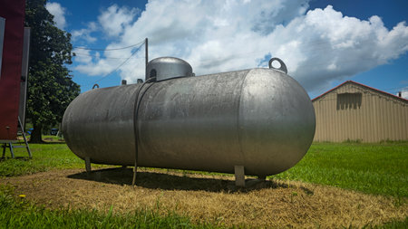 Large industrial propane tank installed outdoors on grass, designed for fuel storage and efficiency. The tank showcases durability and purpose for various industries and homes requiring propane as an energy source.の写真素材