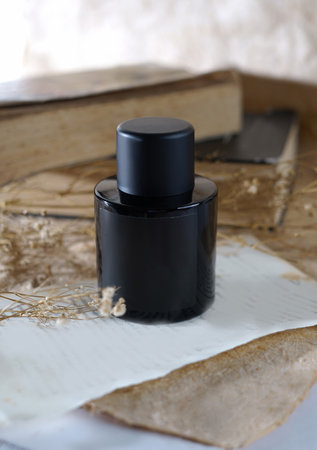 Elegant black bottle sits on a background with aesthetic ornaments with delicate color tones. A...
