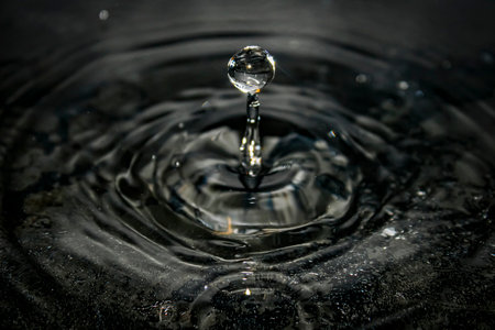 macro capture of a water droplet rising from a narrow column, forming concentric ripples on a dark,...
