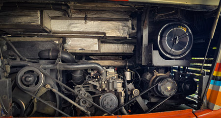 detailed view of a double decker bus engine bay showing belts, pulleys, radiator and hoses. Perfect...