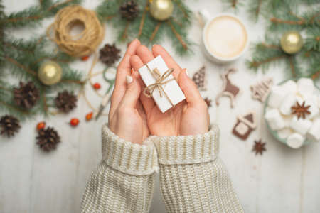 Christmas, New Year's background, flat-lay. girl in a woolen sweater holds a gift on a white background, with cones of a Christmas tree, candies, marshmallows and biscuitsの写真素材
