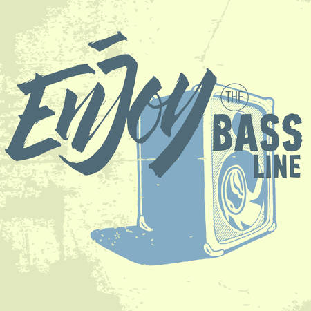 Enjoy The Bass Line. Pocket Speaker Amplifier. Hand Drawn Brush Lettering. Rough Traced. Calligraphy.のイラスト素材