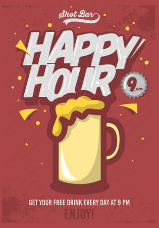 Happy Hour Poster  For Advertising. Beer Mug Illustration. Comic Inscription. Grunge Background. Vector Image.のイラスト素材
