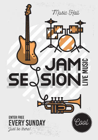 Jam Session Minimalistic Cool Line Art Event Music Poster. Vector Design. Guitar, Drums And Trumpet Icons.のイラスト素材