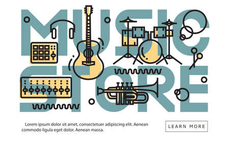Music Store Equipment Idea Minimalistic Contemporary Flat Cool Line Art Website Cover Image. Website Header. Web Banner. Vector Design.のイラスト素材