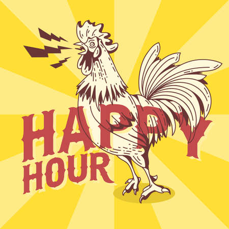 Happy Hour New Vintage Poster Design With Crowing Rooster Drawing.  Vector Graphic.のイラスト素材