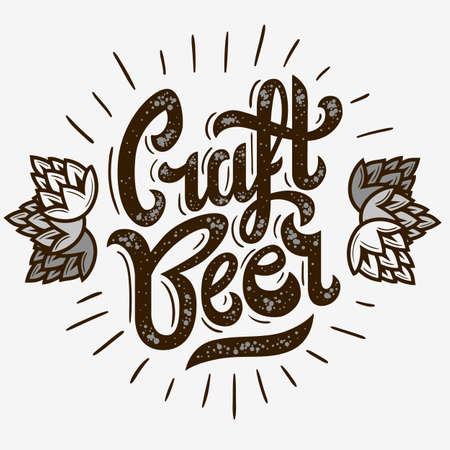 Craft Beer Script Lettering Logo With Sunrise And Hops Illustratのイラスト素材