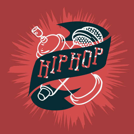 Hip Hop Logo Emblem Sign Label Design With A Microphone And Graffiti Spray Can Baloon. Artistic Cartoon Hand Drawn Sketchy Line Art Style. Vector Graphic.のイラスト素材
