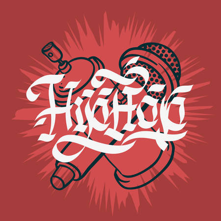 Hip Hop Lettering Custom Gothic Calligraphy Design With A Microphone And Graffiti Spray Can Baloon. Artistic Cartoon Hand Drawn Sketchy Line Art Style.のイラスト素材