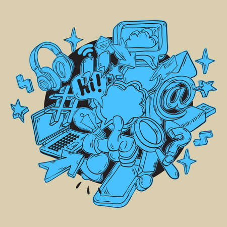 Social Media Isolated Artistic Cartoon Hand Drawn Sketchy Line Art Style Drawings Illustrations Icons And Symbols  Design Of  Essential Related Objects Elements  And Tools. Vector Graphic.のイラスト素材
