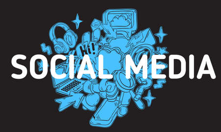 Social Media Isolated Artistic Cartoon Hand Drawn Sketchy Line Art Style Drawings Illustrations Icons And Symbols Design Of Essential Related Objects Elements And Tools.の写真素材