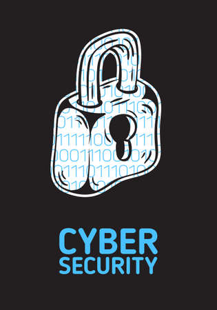 Cyber Security Safety Conceptual Poster Design With A Silhouette Of A Lock And Binary Code Within. Artistic Cartoon Hand Drawn Sketchy Line Art. Vector Graphic.のイラスト素材