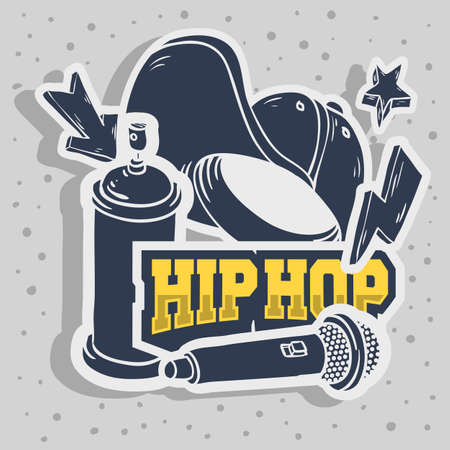 Hip Hop Stickers Design With Baseball Hat Snap back Flexfit Mic Microphone Graffiti Paint Spray Can Balloon Related Symbols Vector Graphic.のイラスト素材