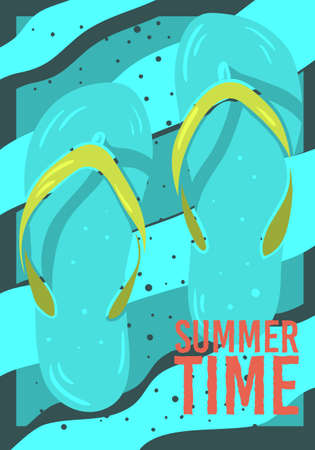 Beach Summer Time  Poster Design With Flip Flops Slippers Beach Shoes Hand Drawn  Illustrations. Vector Graphic.のイラスト素材
