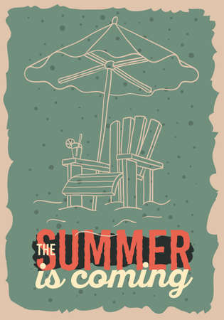The Summer Is Coming  Poster Design With Beach Lounge Deck Chair Sunbed Beach Umbrella And A Glass Of Beverage  Illustrations. Vector Graphic.のイラスト素材