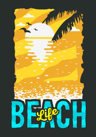 Beach Summer Poster Design With Sunrise Above The Water And Palm Leaves Illustration.のイラスト素材