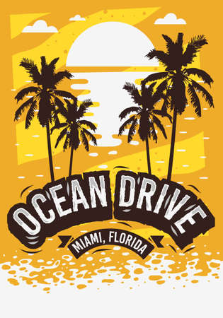 Ocean Drive Miami Beach Florida Summer Poster Design With Palm Trees Illustration And A Sunrise On The Beach.のイラスト素材