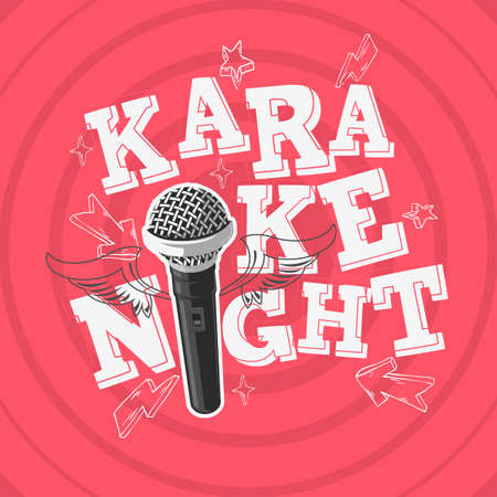 Karaoke Night Party Music Design With A Microphone And Wings. Vector Graphicのイラスト素材