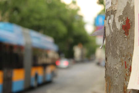 Urban View Of Electric Pillar Foreground and  A Trolley Public Transport Background City Sofia...