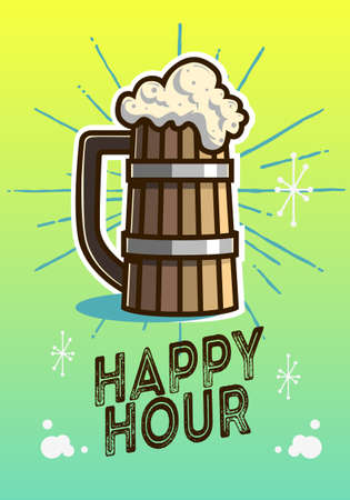 Happy Hour Poster Design With Wooden Mug Of Draft Beer On A Green And Yellow Gradient Background Vector Imageのイラスト素材