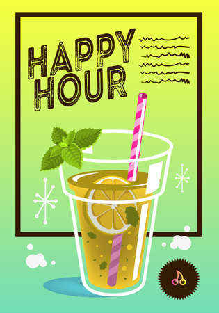 Happy Hour Poster Design With A Glass Of Lemonade On A Green And Yellow Gradient Background Vector Imageのイラスト素材