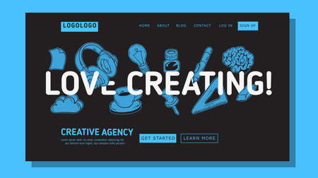 Creative Agency Office Landing Page Example Mockup Design For Web With Artistic Hand Drawn Line Art...