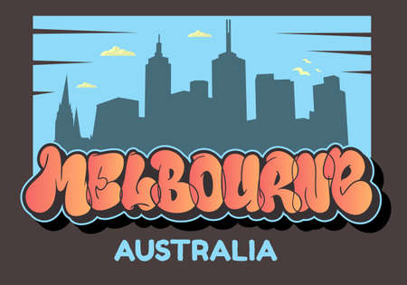 Melbourne Australia Cityscape City Skyline Silhouette Urban Card Flyer Poster Hand Drawn  Lettering Type Design Throw Up Bubble Graffiti Vector Graphicのイラスト素材