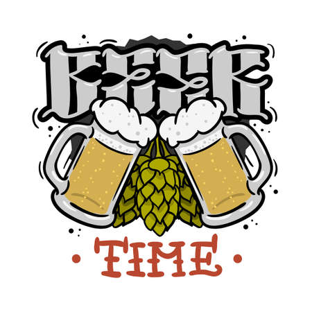 Beer Time Hand Drawn Design For T Shirt Print With Hops And Mugs Of Beer Illustration On A White Background Vector Graphic.のイラスト素材