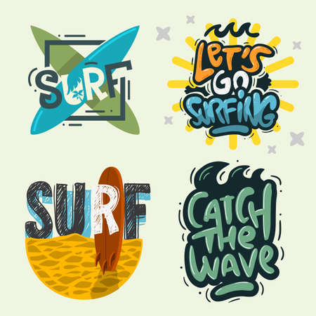 Surfing Style Surf Summer Time Beach Life Hand Lettering Vector Illustrations Set Designs.のイラスト素材