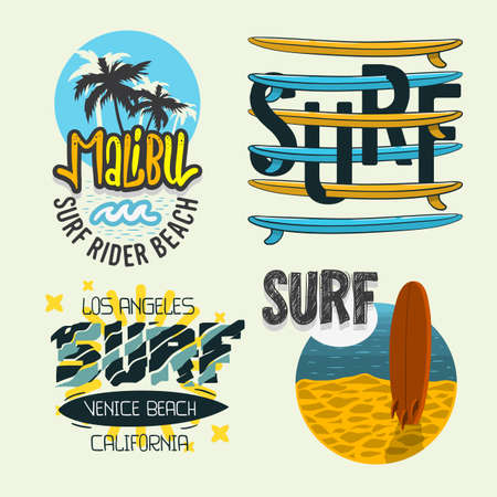 Surfing Style Surf Summer Time Beach Life Hand Lettering Vector Illustrations Set Designs.のイラスト素材