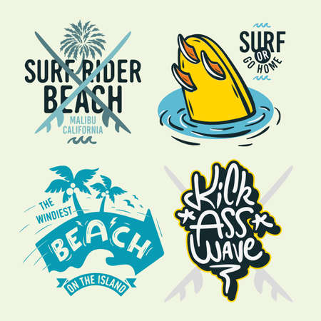 Surfing Style Surf Summer Time Beach Life Hand Lettering Vector Illustrations Set Designs.のイラスト素材