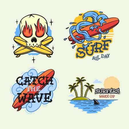 Surfing Style Surf Summer Time Beach Life Traditional Tattoo Influenced Hand Lettering Vector Illustrations Set Designs.のイラスト素材