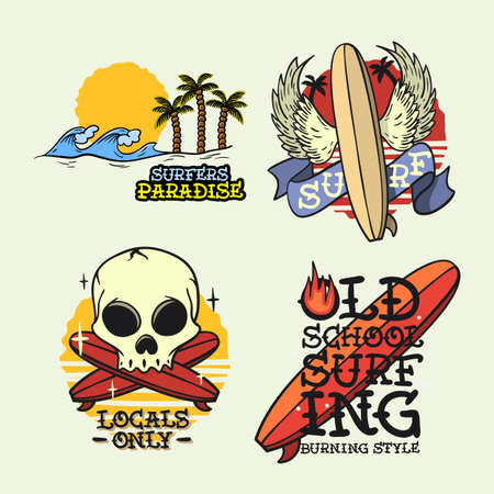 Surfing Style Surf Summer Time Beach Life Traditional Tattoo Influenced Hand Lettering Vector Illustrations Set Designs.のイラスト素材