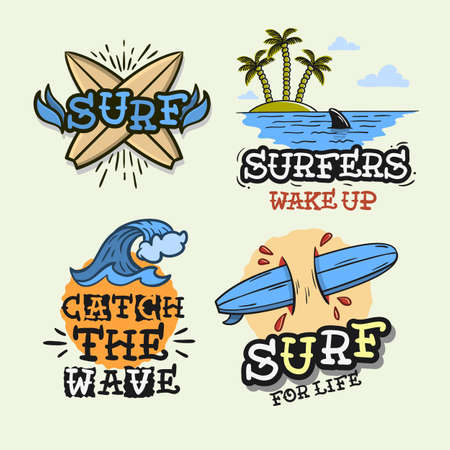 Surfing Style Surf Summer Time Beach Life Traditional Tattoo Influenced Hand Lettering Vector Illustrations Set Designs.のイラスト素材