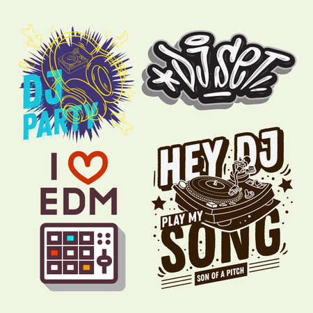 Dj Party Hand Lettering Vector Illustrations Set Designs.のイラスト素材