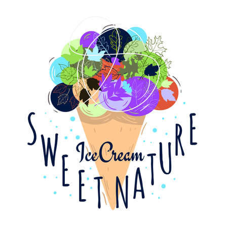 Sweet Nature Ice Cream Conceptual Idea Floral Abstract Design with Plants Leaves On a White Backgroundのイラスト素材