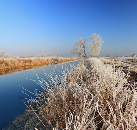 River in rime in autumnの写真素材