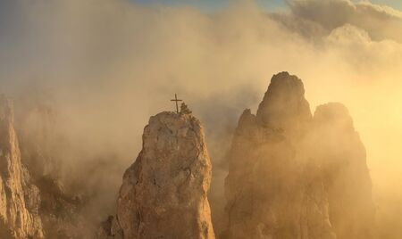 Misty Mountains at dawn in the sunの写真素材