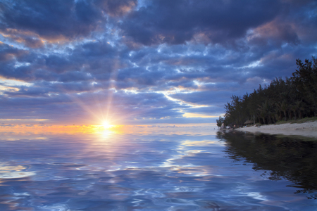 Sunset on the sandy beach of a tropical islandの写真素材