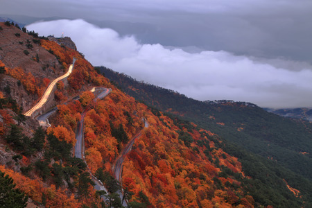 Mountain road in the autumn mistの写真素材