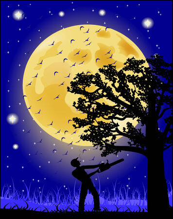 Silhouette of a man working with a saw in the night sky and the full moon のイラスト素材