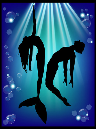 Mermaid silhouette and men in the underwater world のイラスト素材