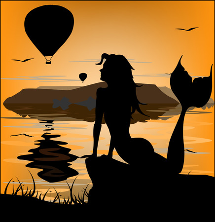 Mermaid silhouette on sunset のイラスト素材