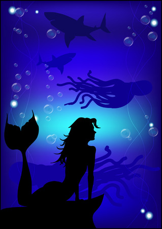 Beautiful mermaid silhouette against the background of the underwater worldのイラスト素材