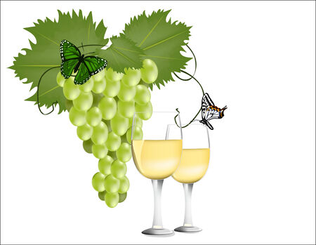   grapes with a glass of white wine on white with butterfliesのイラスト素材