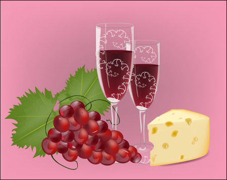 Red grapes with glass of wine and cheeseのイラスト素材