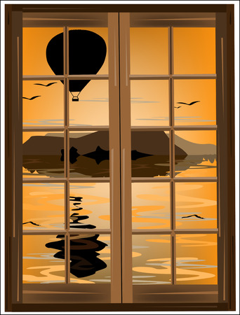 Air balloon in the sky outside the windowのイラスト素材