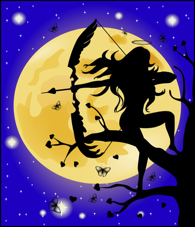 Silhouette of an angel with a bow on a background of the moon のイラスト素材