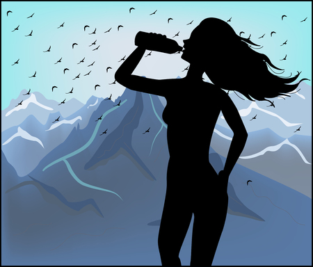 Silhouette of a woman drinking water on a background of mountainsのイラスト素材